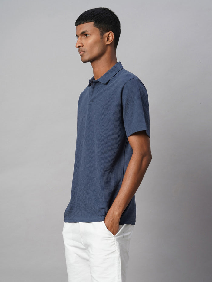 Men's Cotton Elastane Regular Fit Polo T Shirt Blue