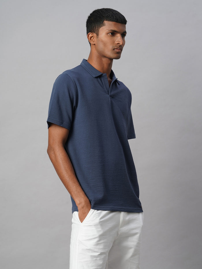 Men's Cotton Elastane Regular Fit Polo T Shirt Blue