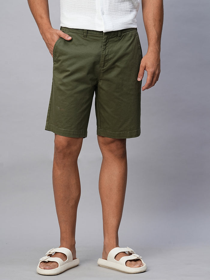 Men's Cotton Lycra Regular Fit Longline Shorts Olive