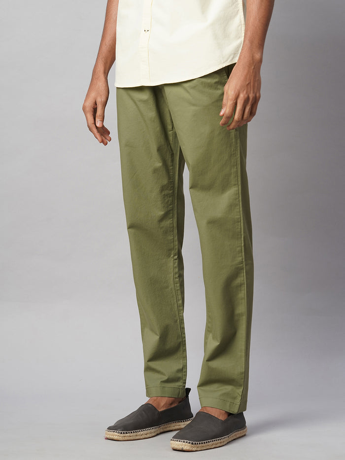 Men's Cotton Lycra Regular Fit Pant Side And Back Pockets Olive