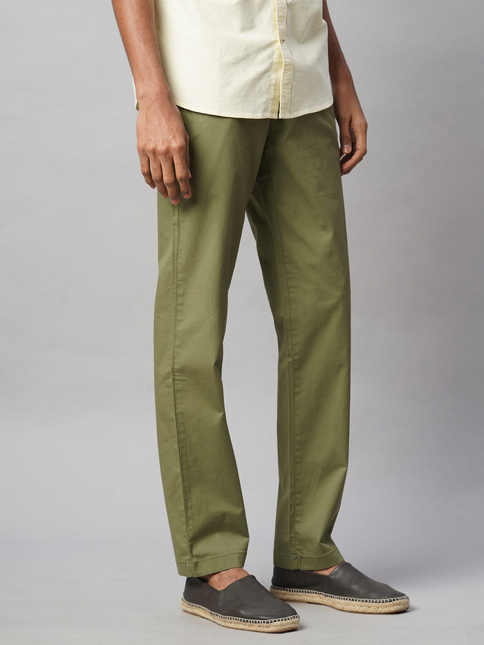 Men's Cotton Lycra Regular Fit Pant Side And Back Pockets Olive
