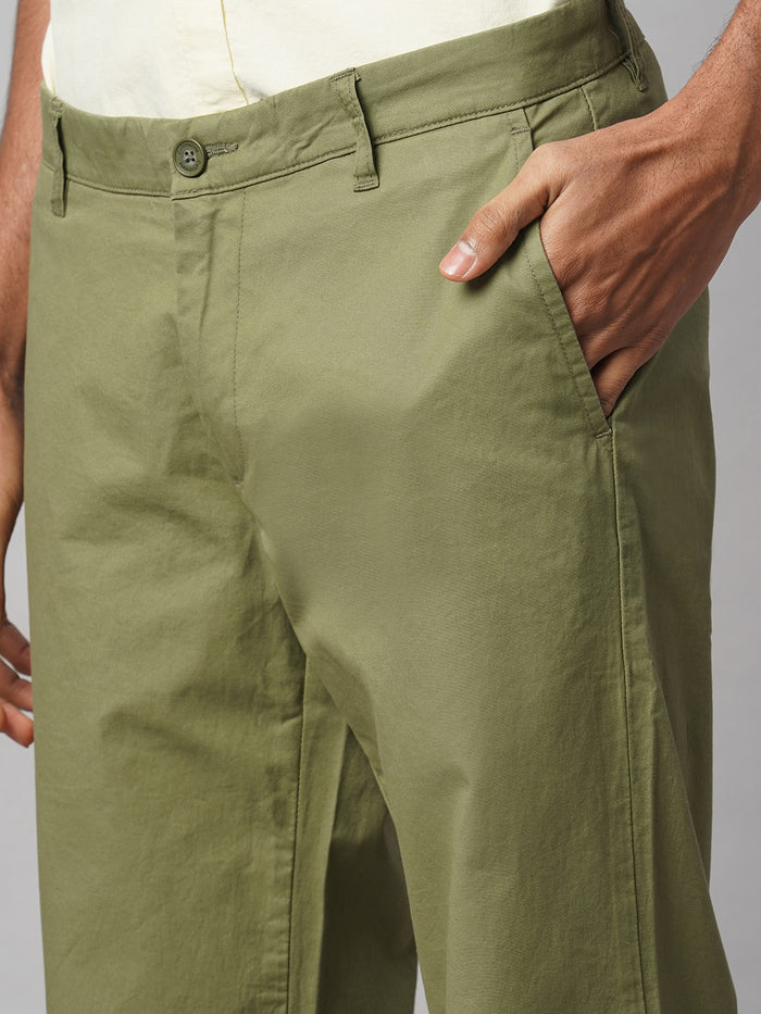 Men's Cotton Lycra Regular Fit Pant Side And Back Pockets Olive