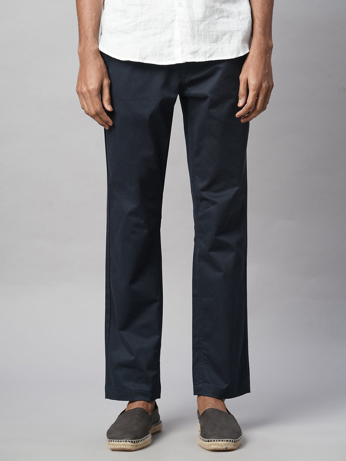 Men's Cotton Lycra Regular Fit Pant Side Seam Pockets Navy