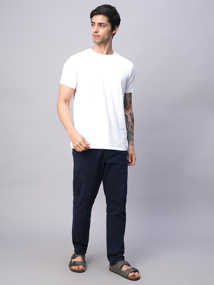 Men's Cotton Lycra Slim Fit Pant Side Seam Pockets Navy