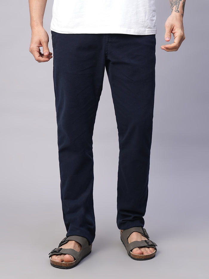 Men's Cotton Lycra Slim Fit Pant Side Seam Pockets Navy