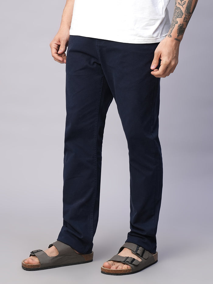 Men's Cotton Lycra Slim Fit Pant Side Seam Pockets Navy