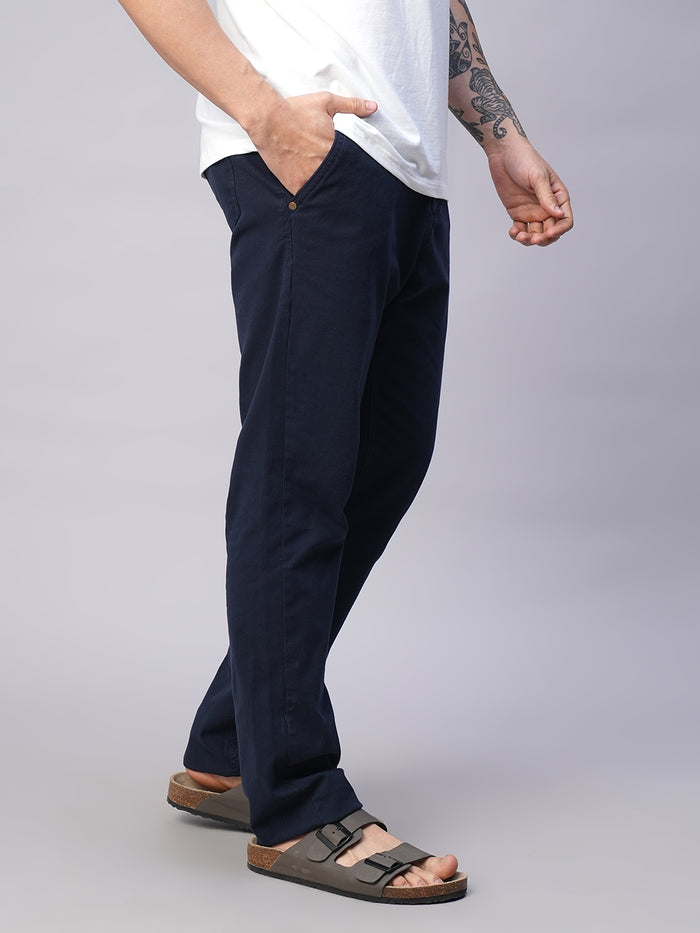 Men's Cotton Lycra Slim Fit Pant Side Seam Pockets Navy