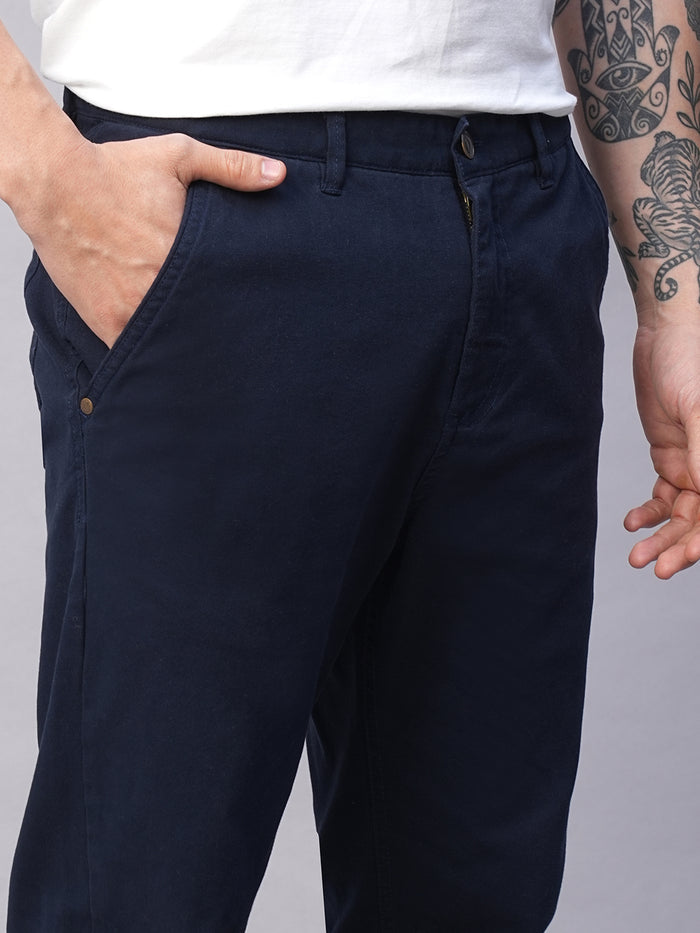 Men's Cotton Lycra Slim Fit Pant Side Seam Pockets Navy