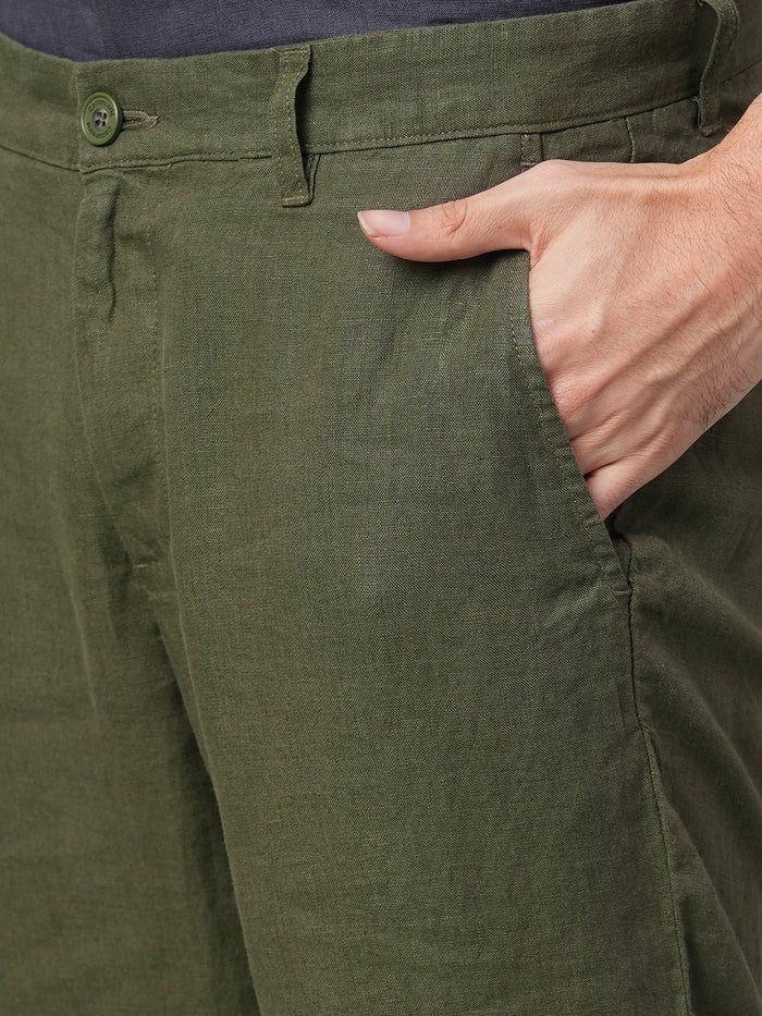 Men's Olive 100% Linen Regular Fit Pant