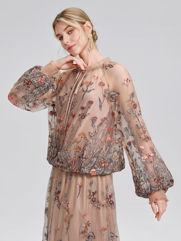 Mesh Embroidered Ruffle Tie-Neck Blouse