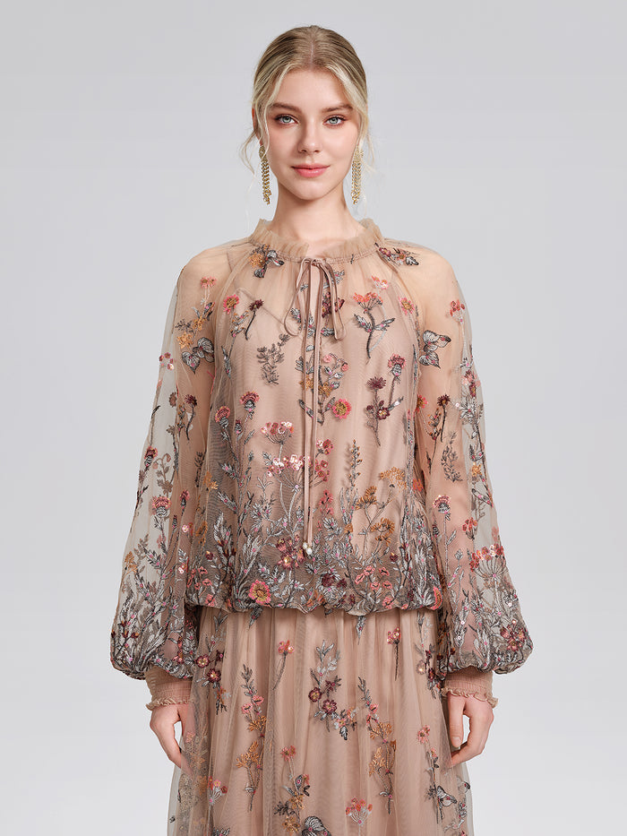 Mesh Embroidered Ruffle Tie-Neck Blouse