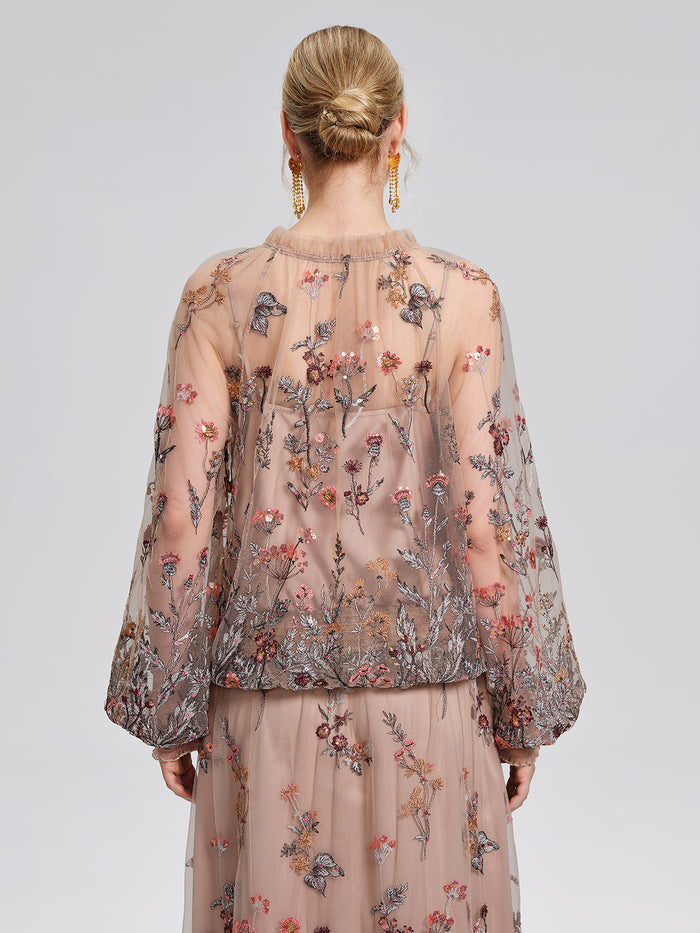 Mesh Embroidered Ruffle Tie-Neck Blouse