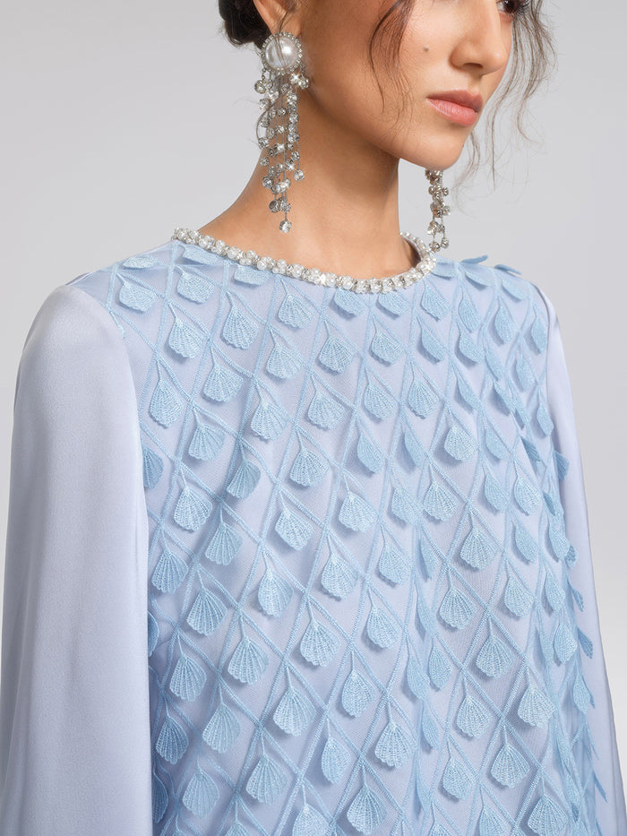 Mesh Ginkgo Embroidery Pearl Blouse