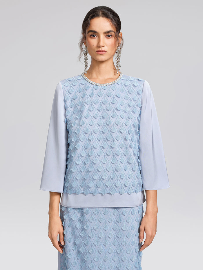Mesh Ginkgo Embroidery Pearl Blouse