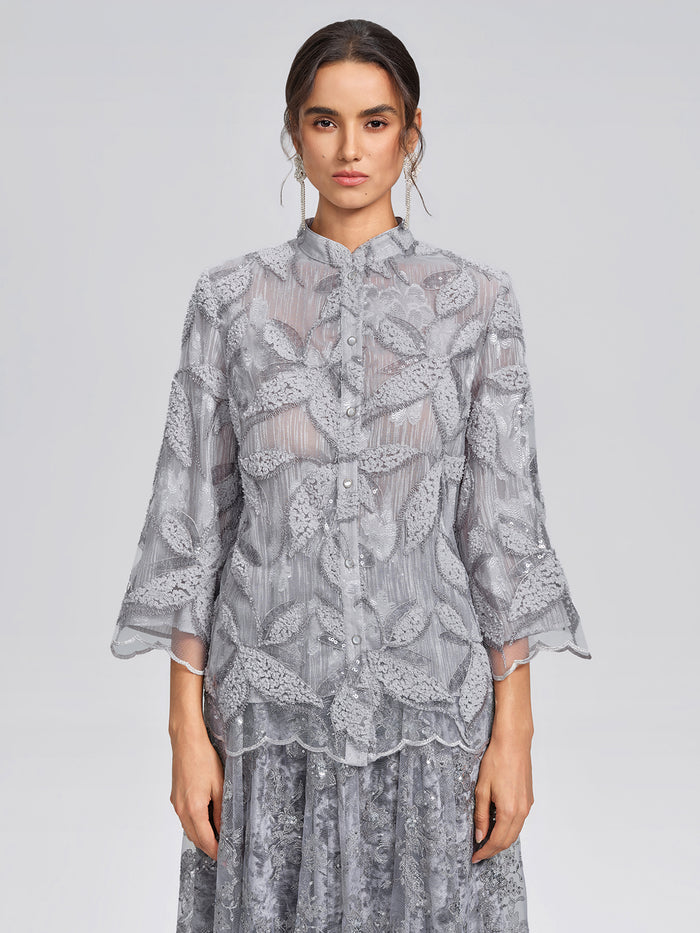 Mesh Leaf Embroidery Mandarin Collar Blouse