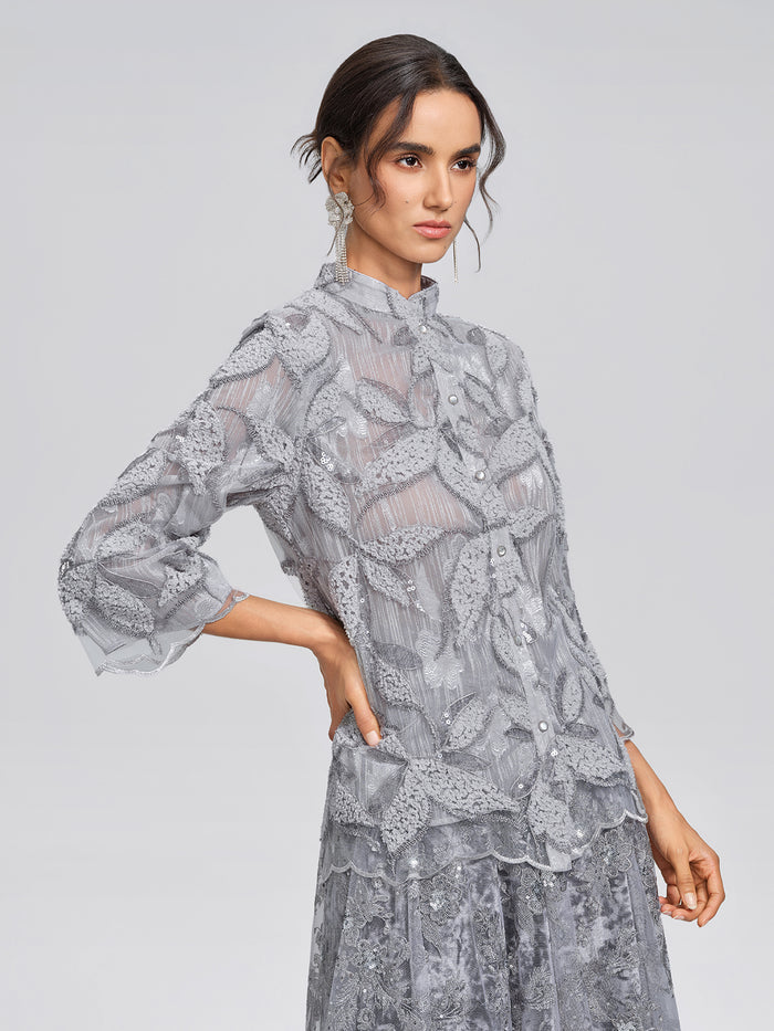 Mesh Leaf Embroidery Mandarin Collar Blouse