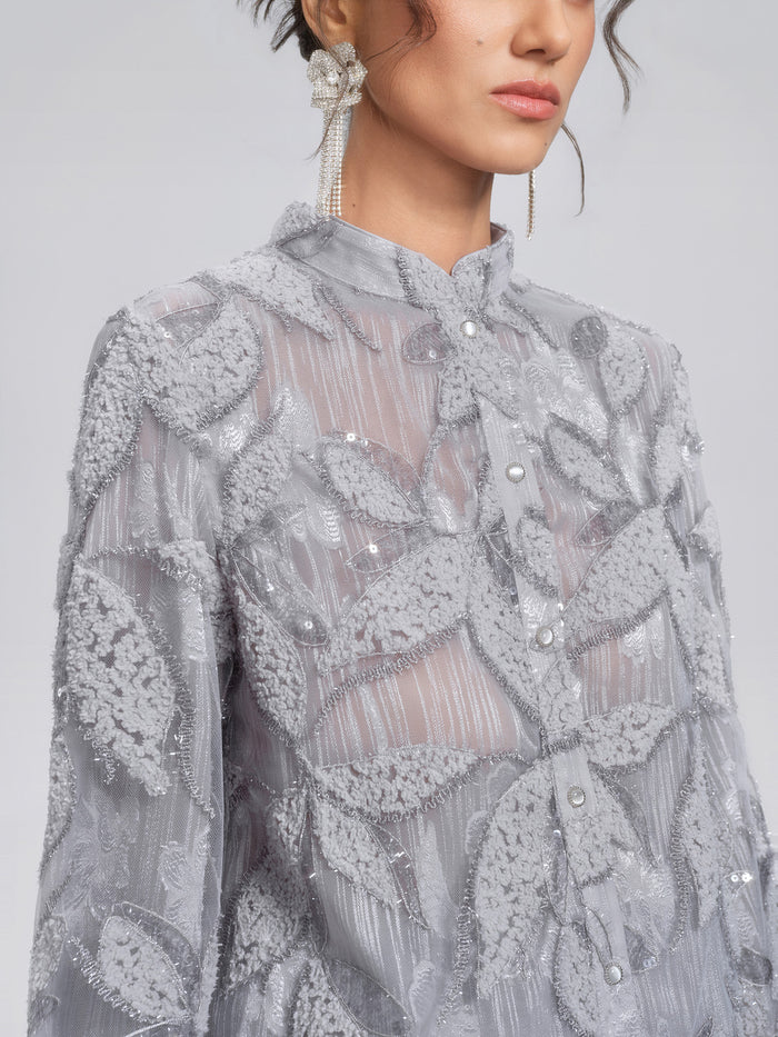 Mesh Leaf Embroidery Mandarin Collar Blouse