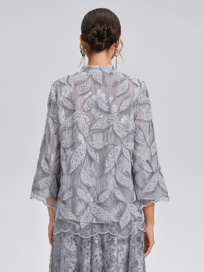 Mesh Leaf Embroidery Mandarin Collar Blouse