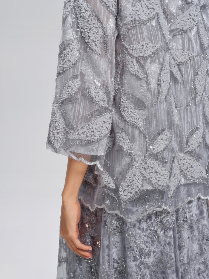 Mesh Leaf Embroidery Mandarin Collar Blouse