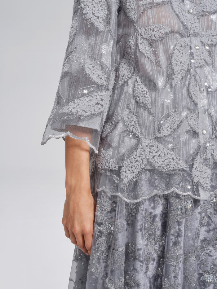 Mesh Leaf Embroidery Mandarin Collar Blouse