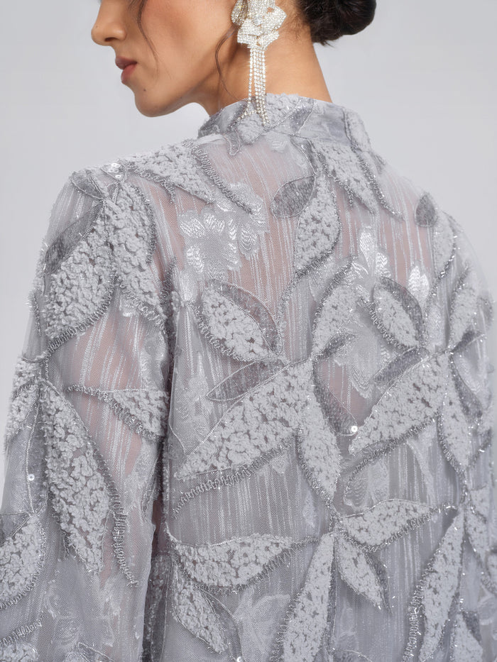 Mesh Leaf Embroidery Mandarin Collar Blouse