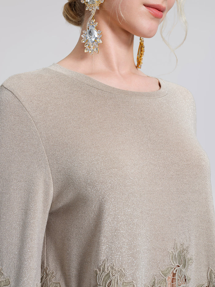 Metallic Knit Cut-Out Lace Trim Blouse
