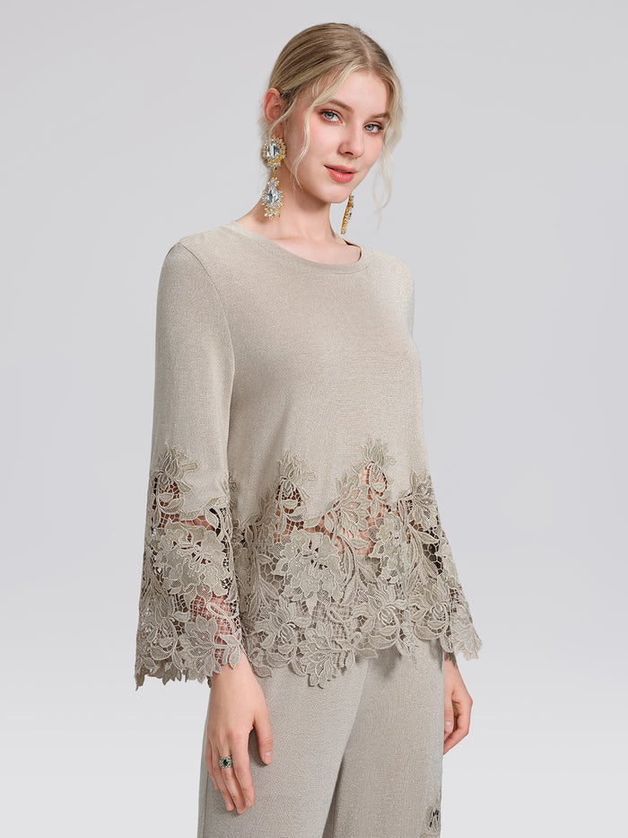 Metallic Knit Cut-Out Lace Trim Blouse