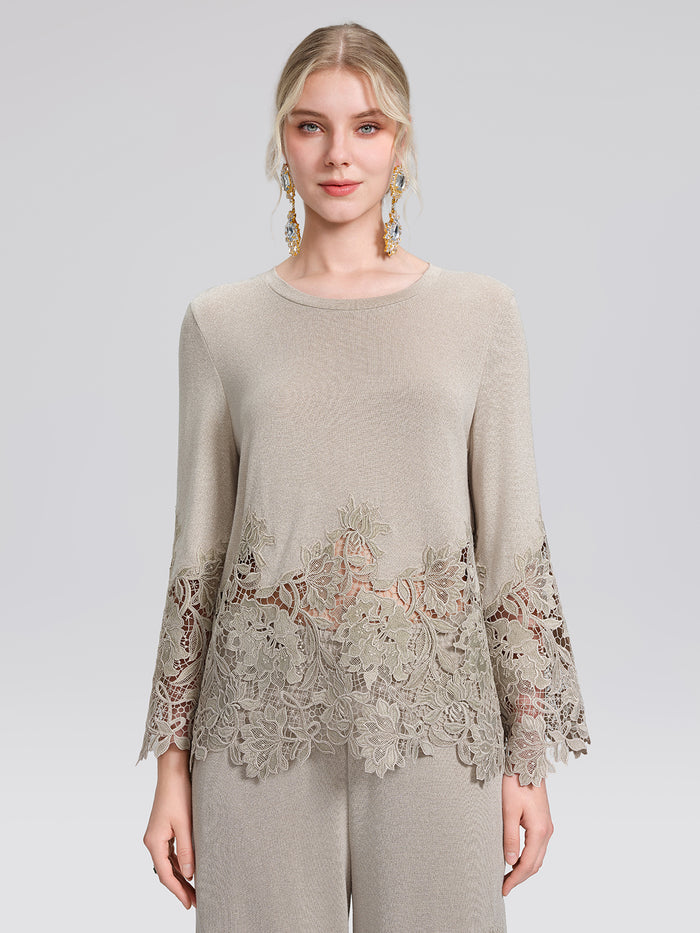 Metallic Knit Cut-Out Lace Trim Blouse