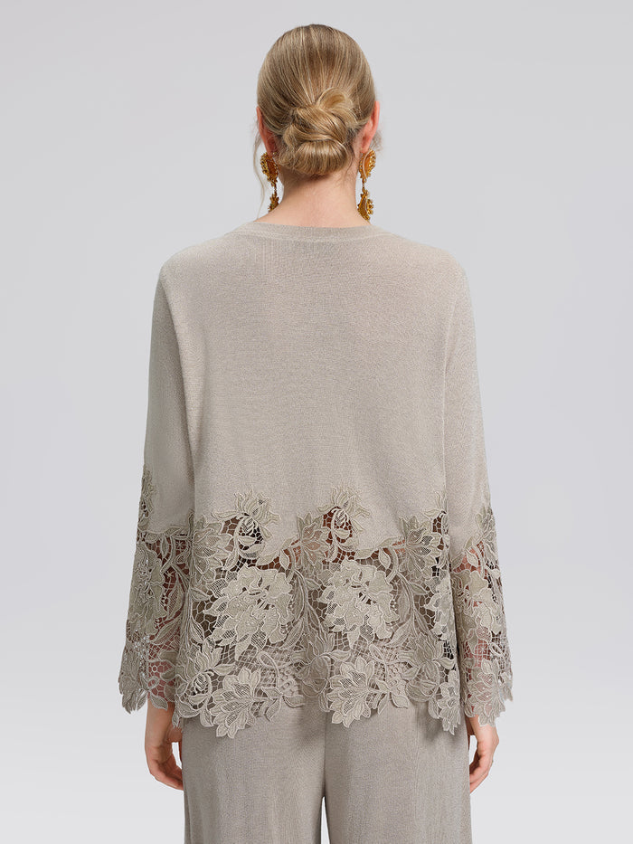 Metallic Knit Cut-Out Lace Trim Blouse