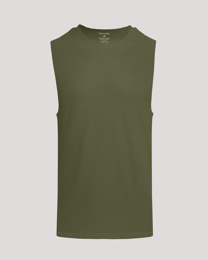 Military Green Sleeveless Active Muscle Tee on light gray background.