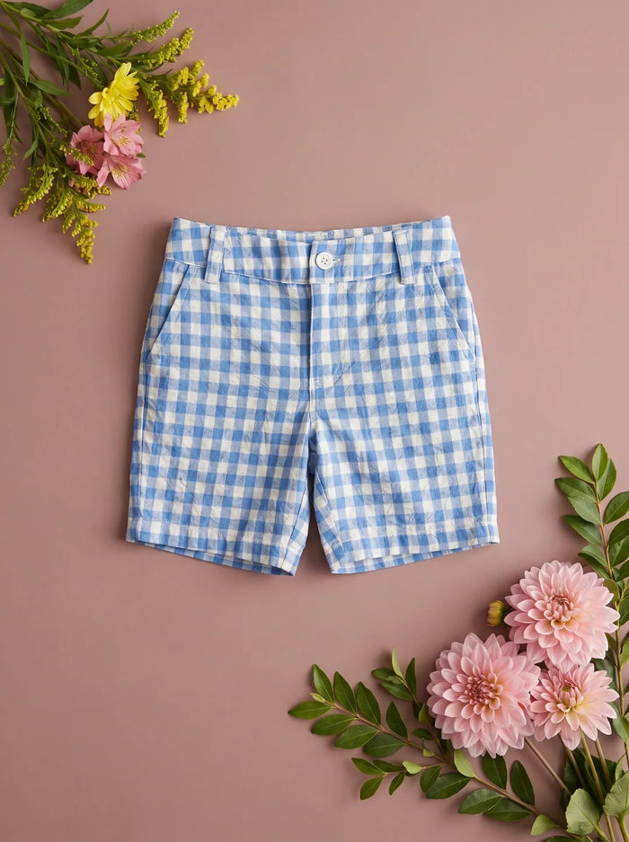 The Mini Boys’ James Shorts in Blue Gingham by Ivy City Co are displayed flat on a pink surface, accented with delicate sprigs of yellow, pink, and green flowers and leaves for a fresh, spring-inspired look—an ideal choice for creating a coordinated family outfit.