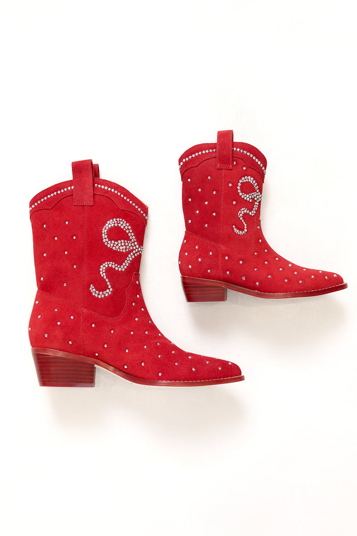 The Ivy City Co Mini Channing Bootie in Red is a bright kids' cowboy boot with low wooden heels, small white rhinestones, and a swirl design—ideal for mommy-and-me twinning, shown here on a plain white background.