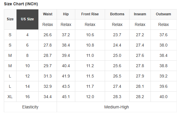 Size chart for pants with measurements in inches