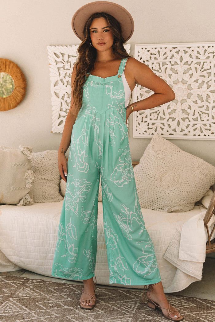 Moonlight Jade Printed Bib Wide Leg Overalls - MOONLIGHT JADE / S / 100% POLYESTER - Bottoms/Jumpsuits & Rompers