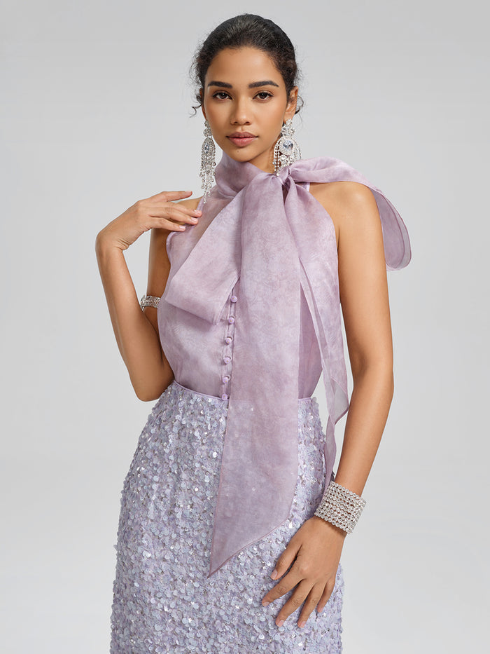 Mulberry Silk Tie-Neck Sleeveless Top (Camisole Included)