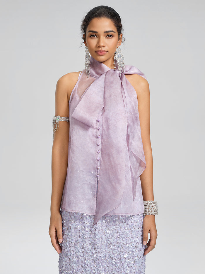 Mulberry Silk Tie-Neck Sleeveless Top (Camisole Included)
