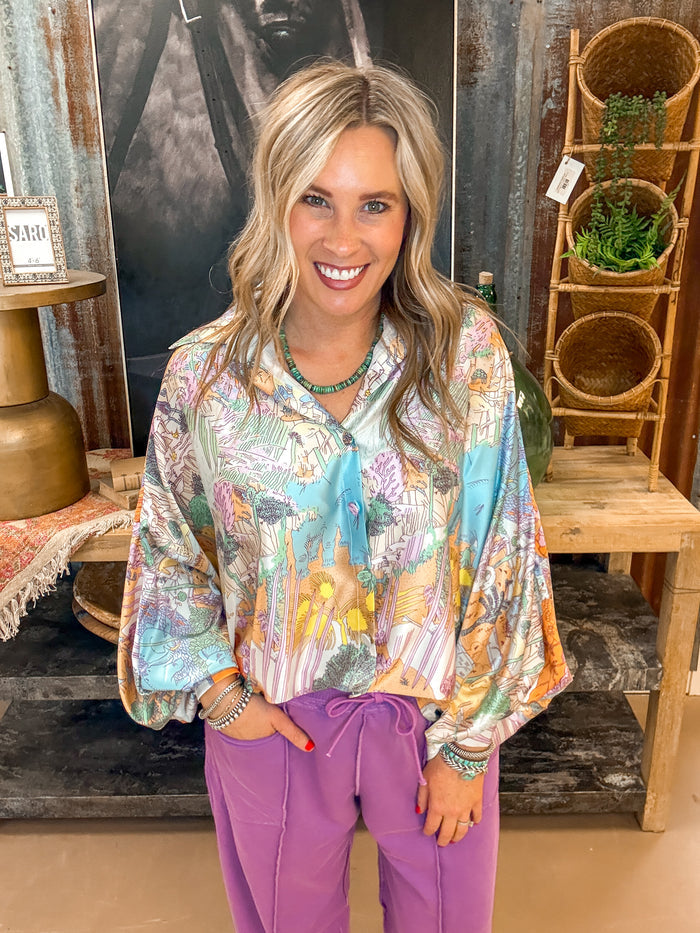 MULTICOLOR SOFT SAFARI PRINT SATIN BLOUSE, LAVENDER