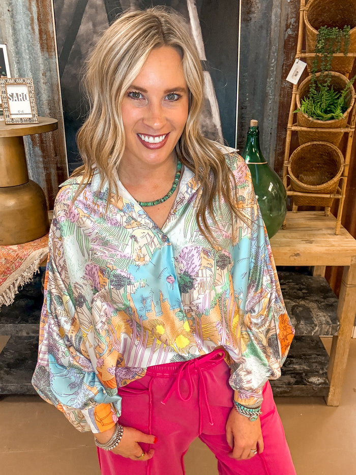 MULTICOLOR SOFT SAFARI PRINT SATIN BLOUSE, LAVENDER