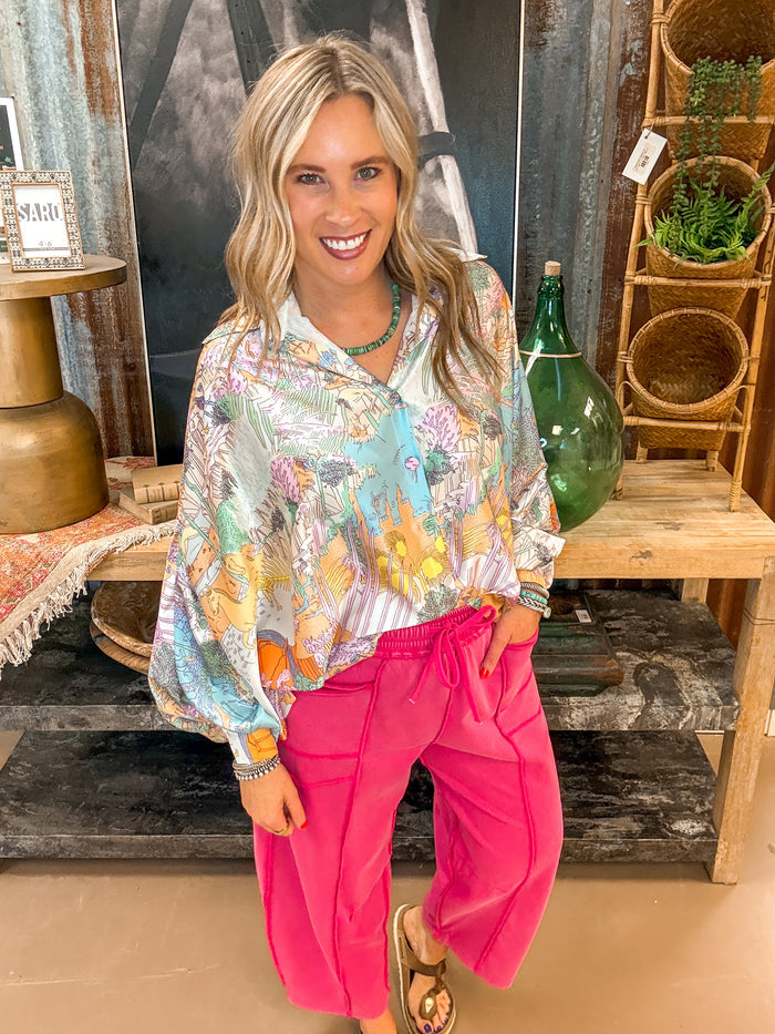 MULTICOLOR SOFT SAFARI PRINT SATIN BLOUSE, LAVENDER