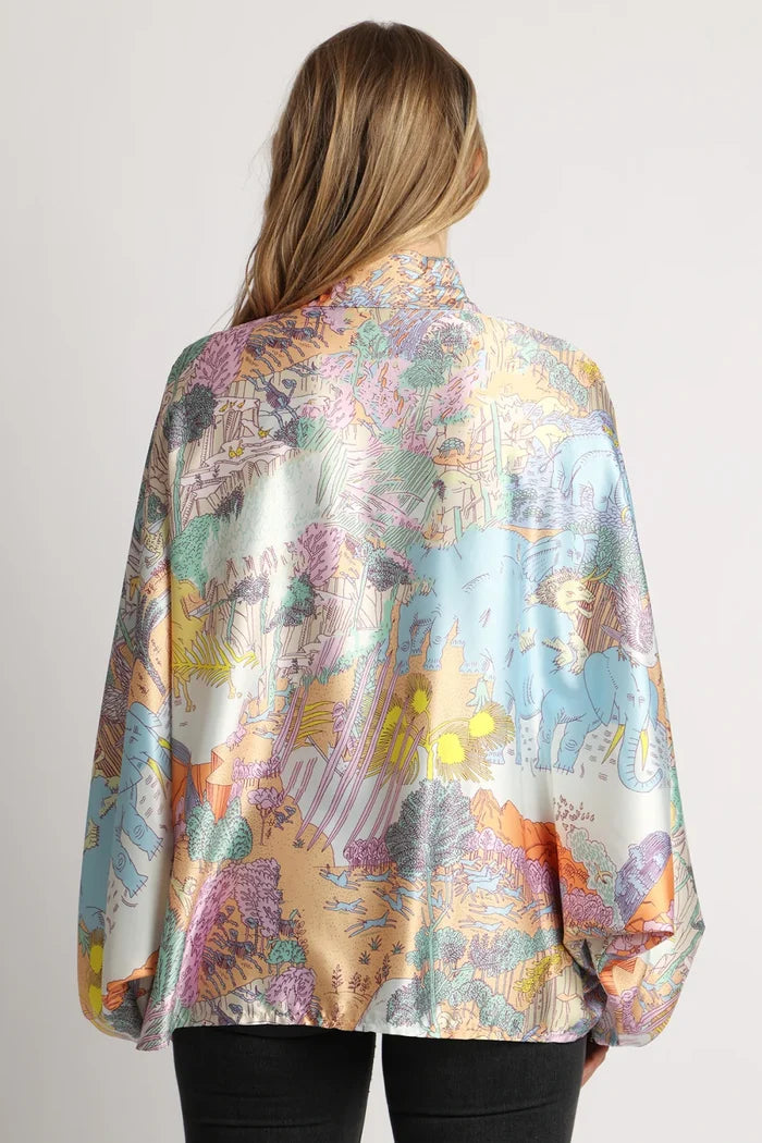 MULTICOLOR SOFT SAFARI PRINT SATIN BLOUSE, LAVENDER
