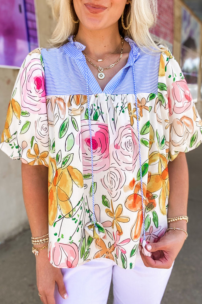 Multicolour Floral Print Striped Yoke Frilled V Neck Puff Short Sleeve Blouse - MULTICOLOUR / S / 100% POLYESTER