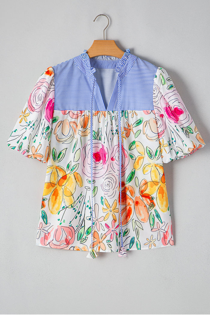 Multicolour Floral Print Striped Yoke Frilled V Neck Puff Short Sleeve Blouse - Tops/Blouses & Shirts
