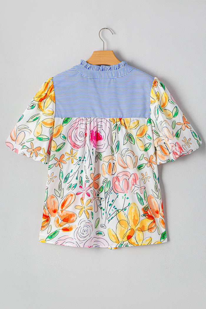 Multicolour Floral Print Striped Yoke Frilled V Neck Puff Short Sleeve Blouse - Tops/Blouses & Shirts