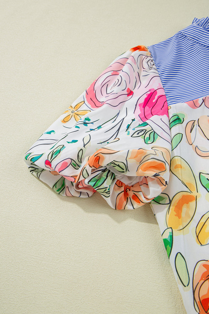 Multicolour Floral Print Striped Yoke Frilled V Neck Puff Short Sleeve Blouse - Tops/Blouses & Shirts