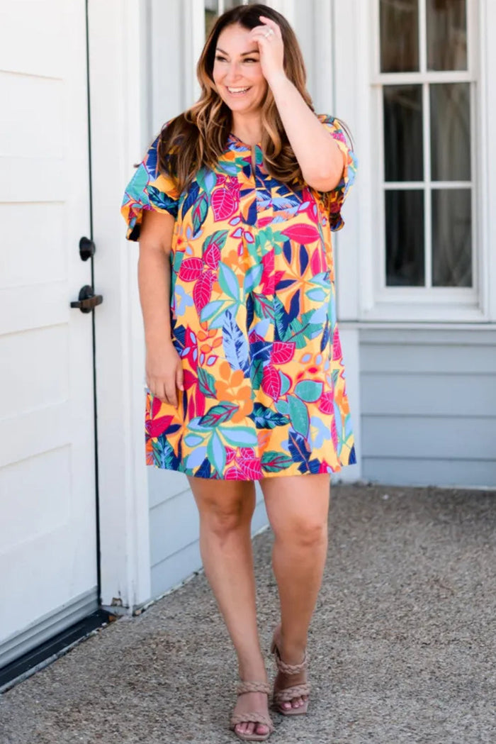 Multicolour Plus Size Leafy Print Split Neck Short Sleeve Shift Dress - Size/Plus Dresses/Plus Mini Dresses