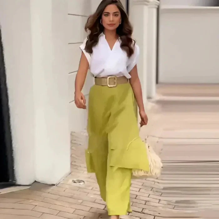 Myla - Ensemble Élégant Femme : Top à V-has et Pantalon à Pattes d'éléphant