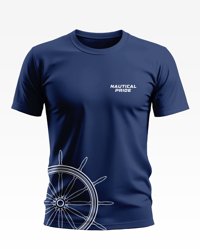 Navy blue men's t-shirt with 'Nautical Pride' text and ship wheel graphic print.