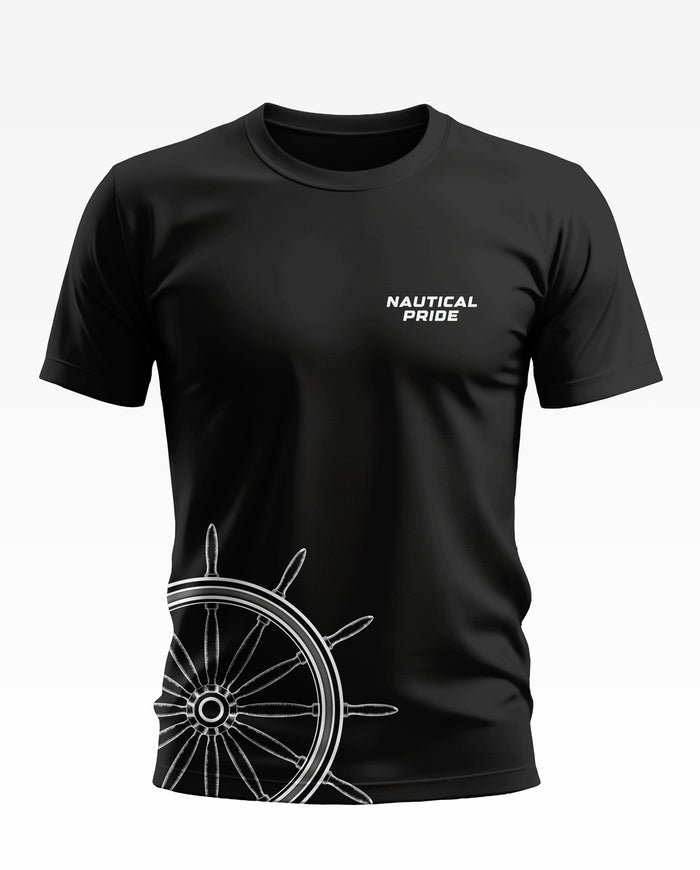 Black men's t-shirt with 'Nautical Pride' text and white ship wheel graphic design