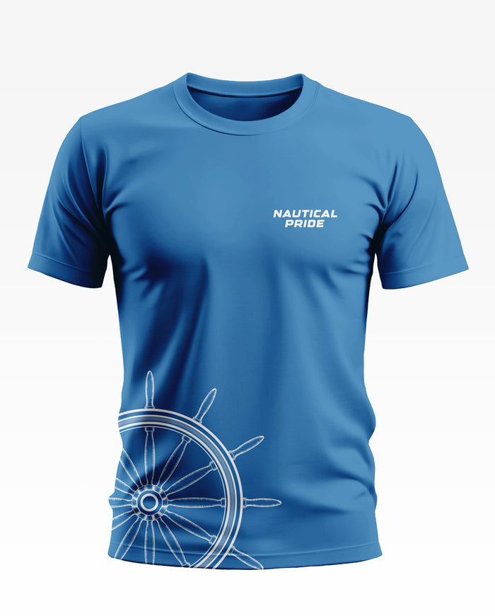 Blue men's T-shirt with 'Nautical Pride' text and white ship wheel graphic on lower side