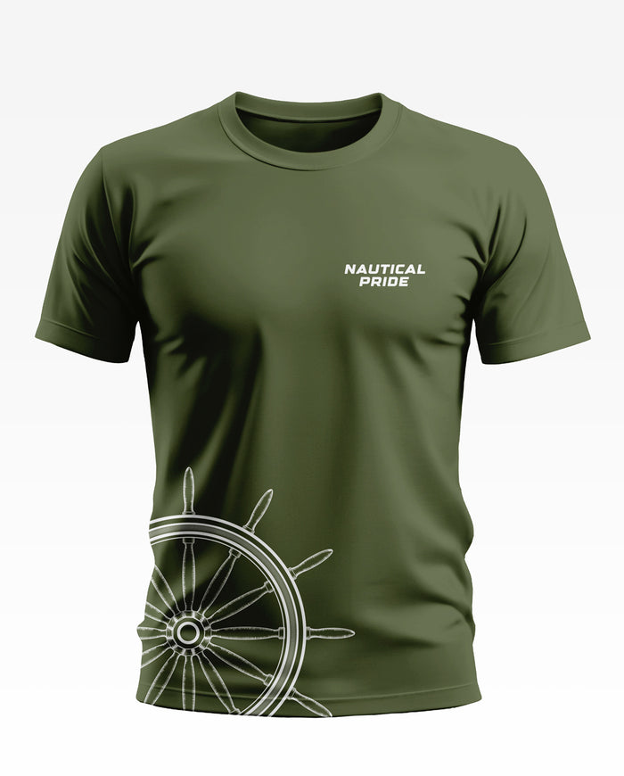 Olive green men's t-shirt with 'Nautical Pride' text and ship wheel graphic, short sleeves